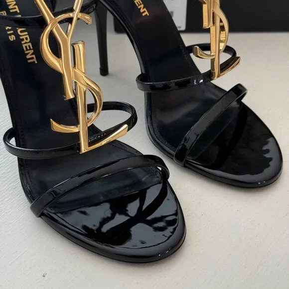 Saint Laurent Cassandra YSL Medallion Strappy Stiletto Sandals | Size 37.5 / 7.5 - Picture 9 of 11